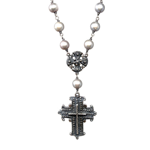 Freshwater Pearl Double Coptic Cross Necklace