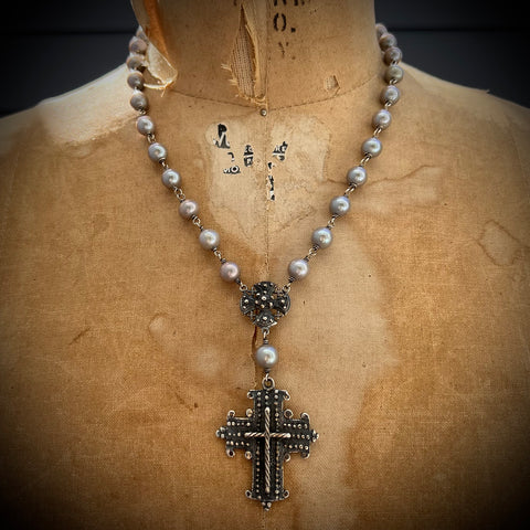 Freshwater Pearl Double Coptic Cross Necklace